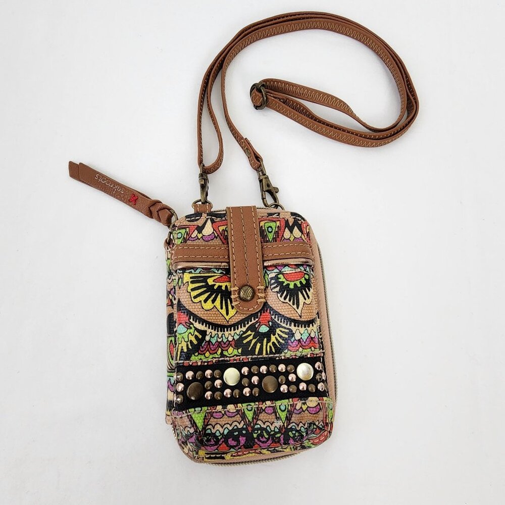 SAKROOTS Crossbody Smartphone Wallet Studded Peace Pattern Boho Coated Canvas